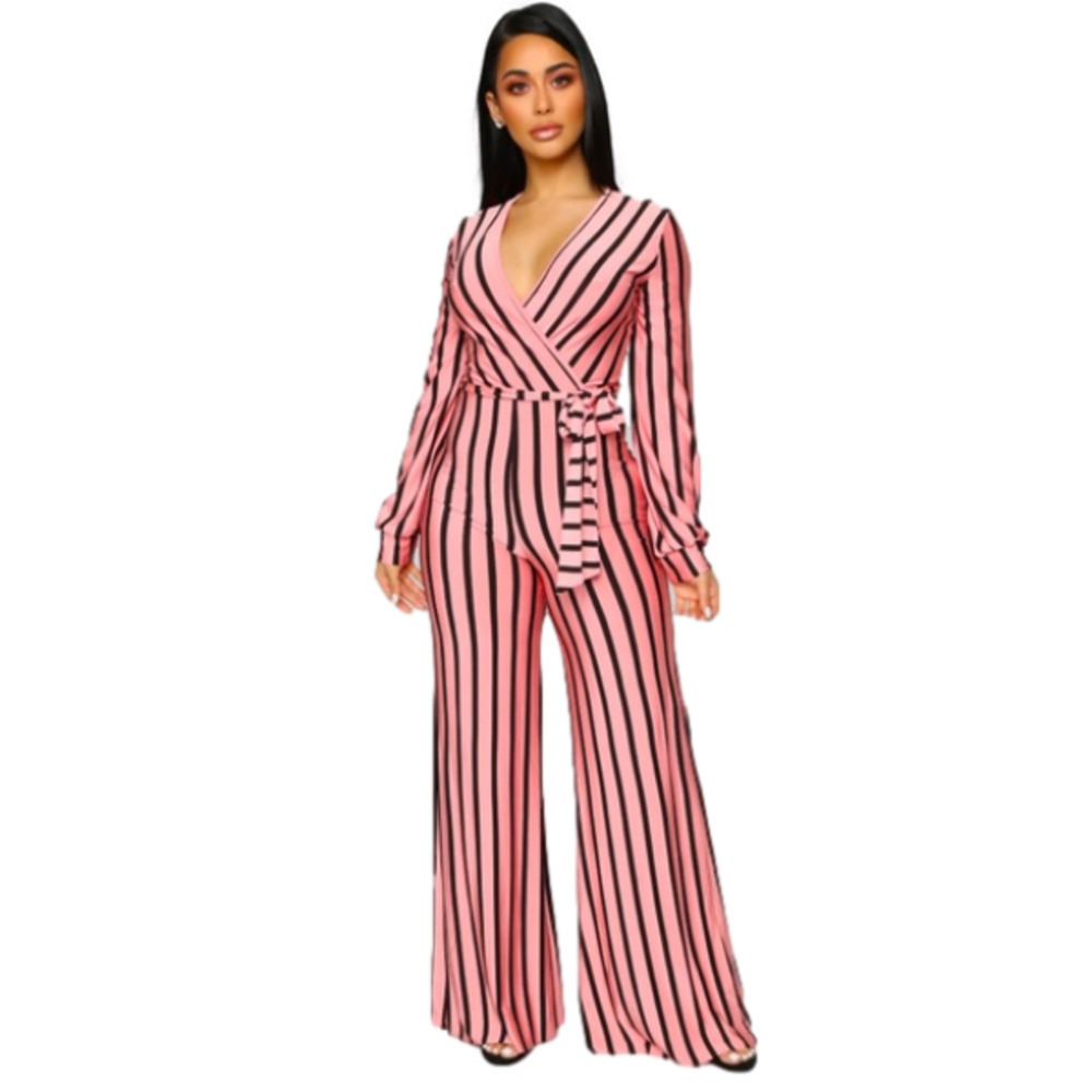 Jumpsuit pink and black striped stretches sling sleeves